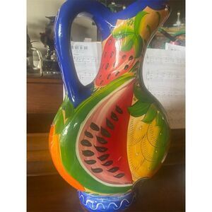 Hand-Painted Mexican Pottery Pitcher Vase Multicolor 13" Fruit Veg Theme